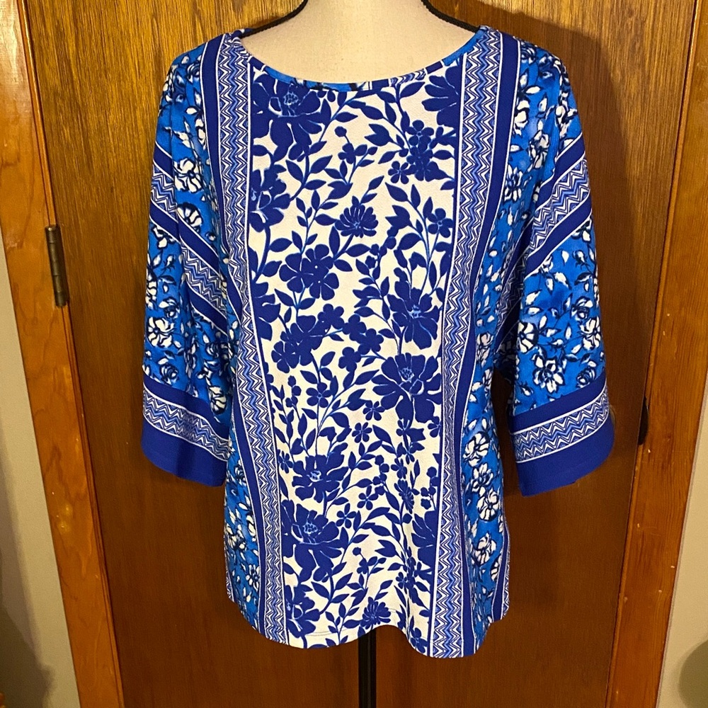 Bob Mackie Blue and White Floral Blouse NWT